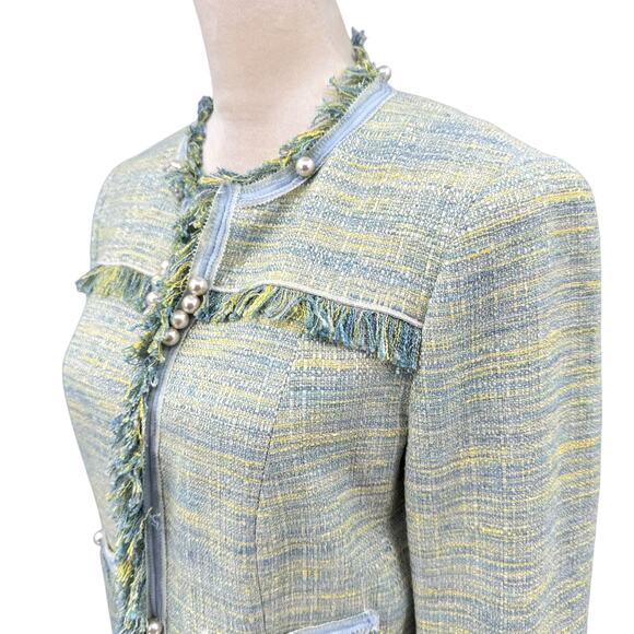 Worth New York NWT Green Yellow Boucle Tweed Fringe Trim Designer Blazer Jacket - Picture 5 of 16
